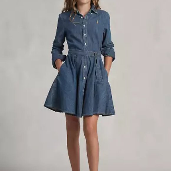 Ralph Lauren Girls Belted Cotton Denim Shirtdress - Picture 1 of 3